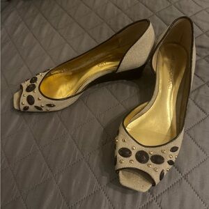 Arturo Chang Elegant Beige Peep-Toe Heels with Gem Accents